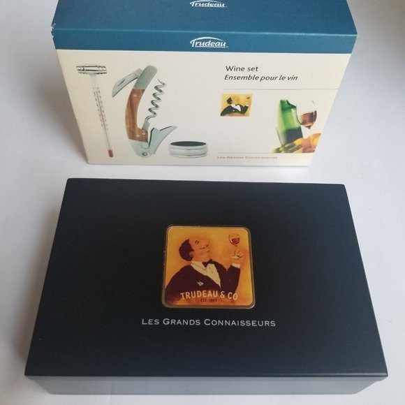 Wine Tool Set Corkscrew Thermometer Wine Ring Wood Case Bar Tools Trudeau - Picture 3 of 12